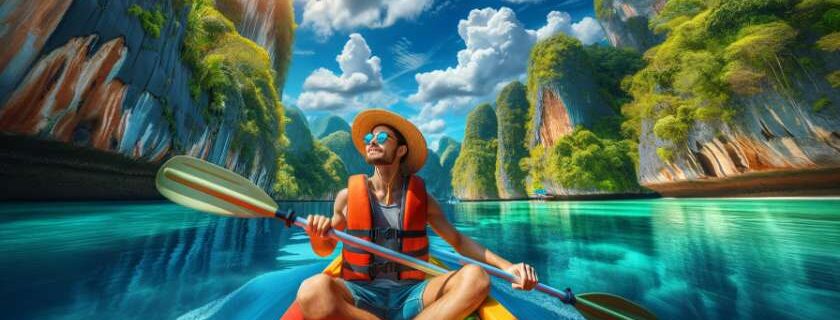 a person enjoying Thailand with an ED Visa, kayaking in a stunning Thai bay