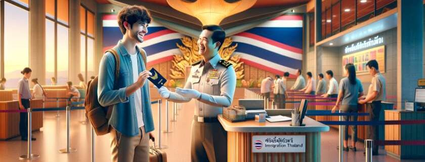 a person happily conversing with an immigration officer in Thailand, capturing a moment of warm welcome