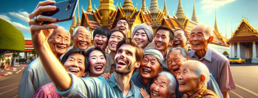 a person having a groufie photo with Thai locals