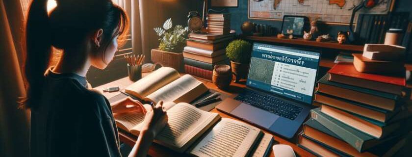 a person studying Thai in her room, surrounded by educational materials and creating an inviting study environment