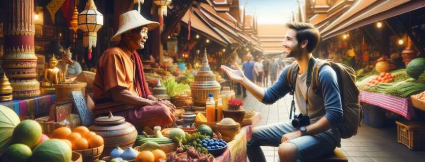 a person studying Thai through direct interaction with a local in a vibrant Thai market setting