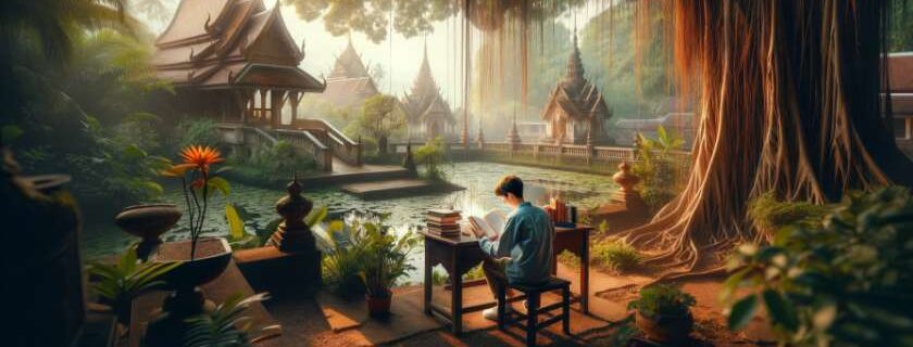 a person studying in Thailand set in a tranquil and picturesque environment