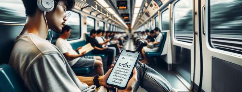 a person utilizing his travel time on a train to study Thai using his smartphone