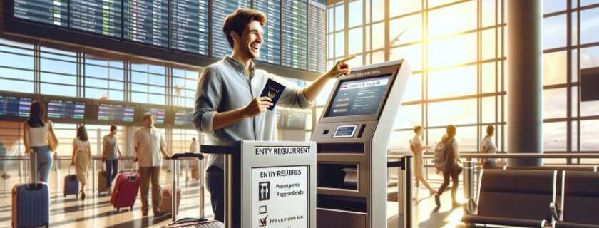 the joyful moment of a person submitting their entry requirements for a trip to Thailand at a bustling airport