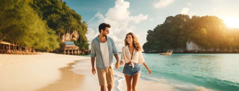 Travelers relaxing on a Thai island beach