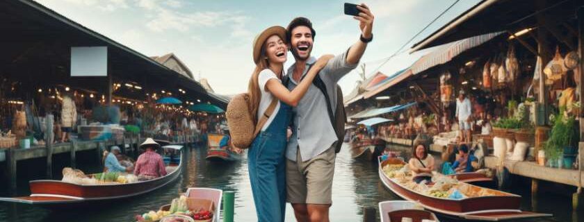 a couple happily taking pictures on one of the best floating markets