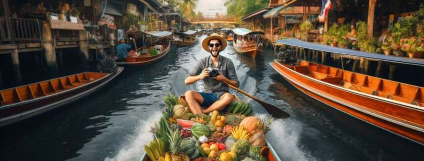 a tourist enjoying a ride in one of the best floating markets in Bangkok