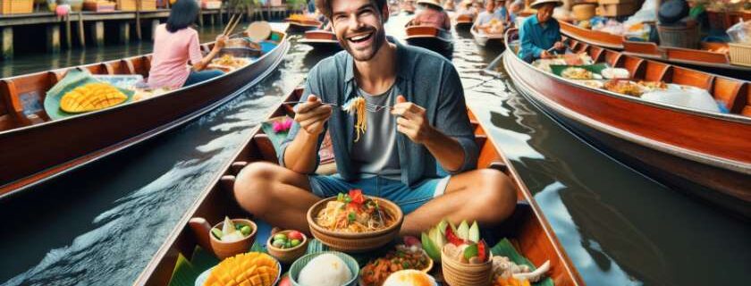 a tourist happily eating Thai cuisine on one of the best floating markets in Bangkok