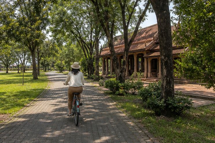 Visitor cycling along a tree-lined path at Muang Boran