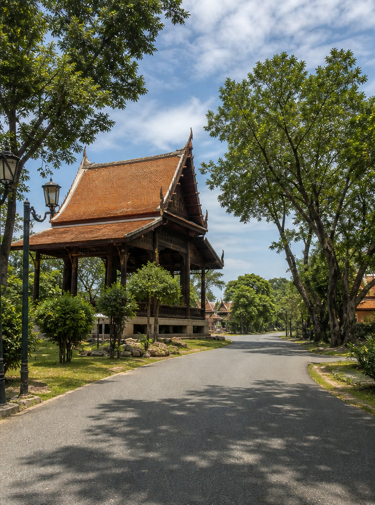 Tree-lined road and traditional Thai architecture at Muang Boran
