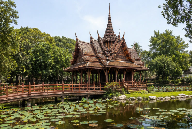 Traditional Thai pavilion beside a lotus pond at Muang Boran