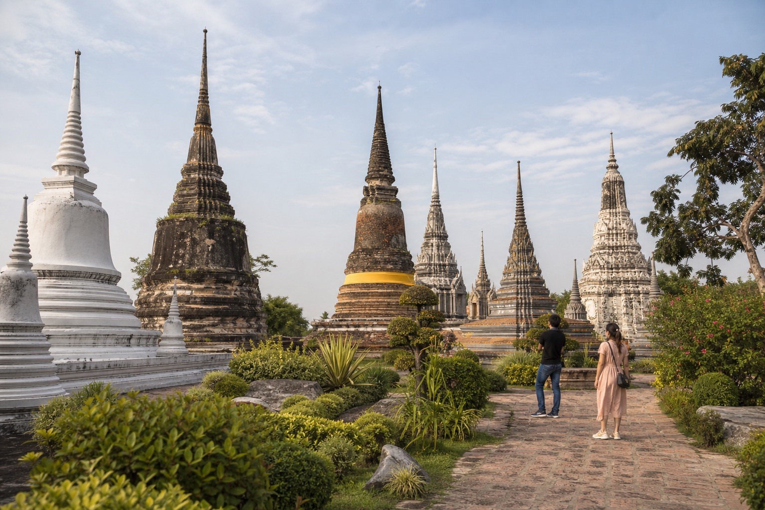 Different Thai chedi styles in the Garden of Sacred Stupa at Muang Boran