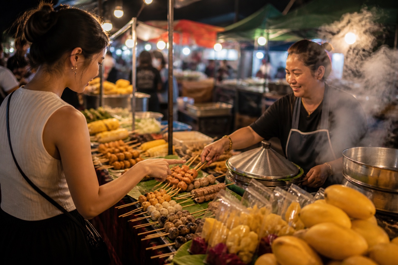 Busy Bangkok night market with food stalls and shoppers