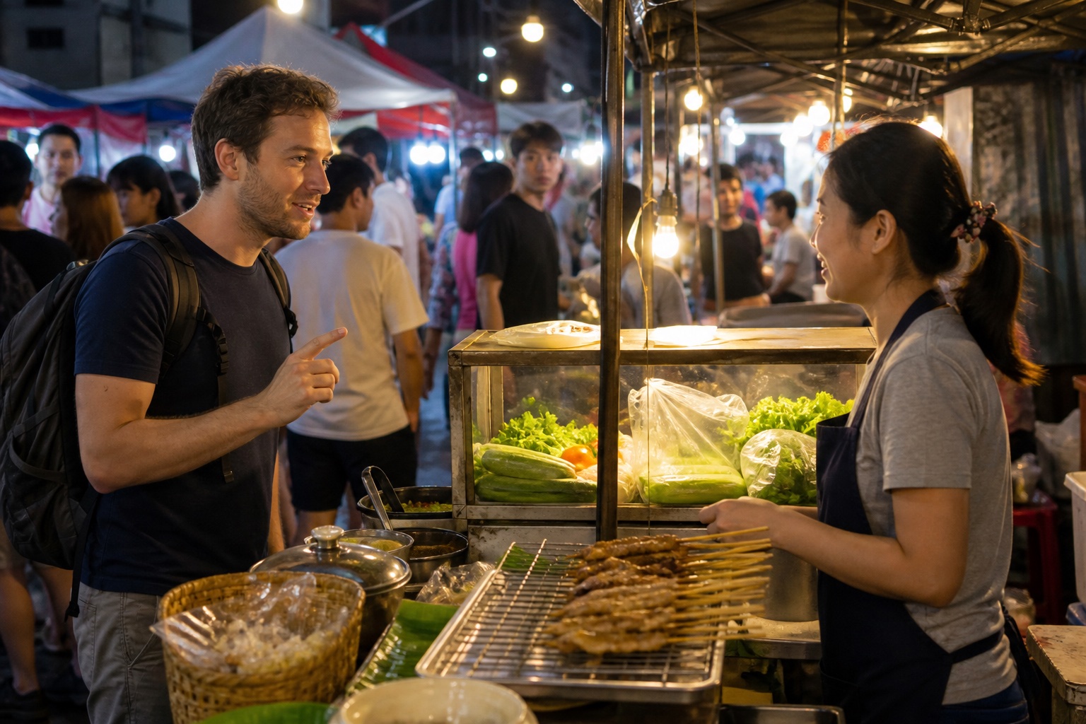 Visitor practising Thai while ordering at a Bangkok night market