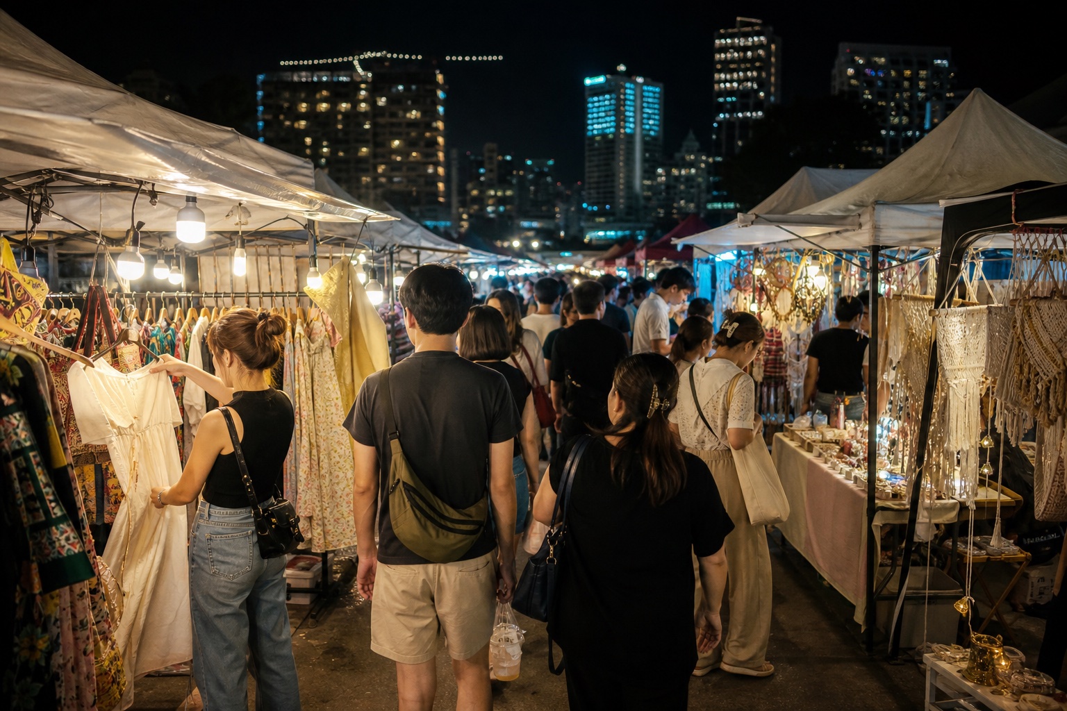 Shoppers browsing clothing and handmade goods under market lights