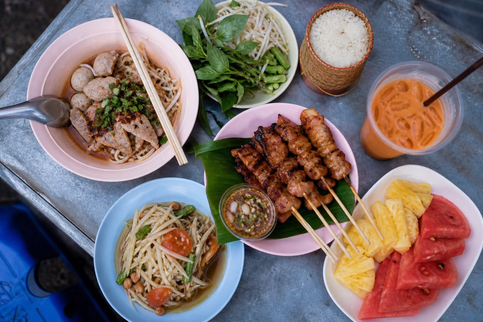 Everyday Thai street food dishes served on a market table