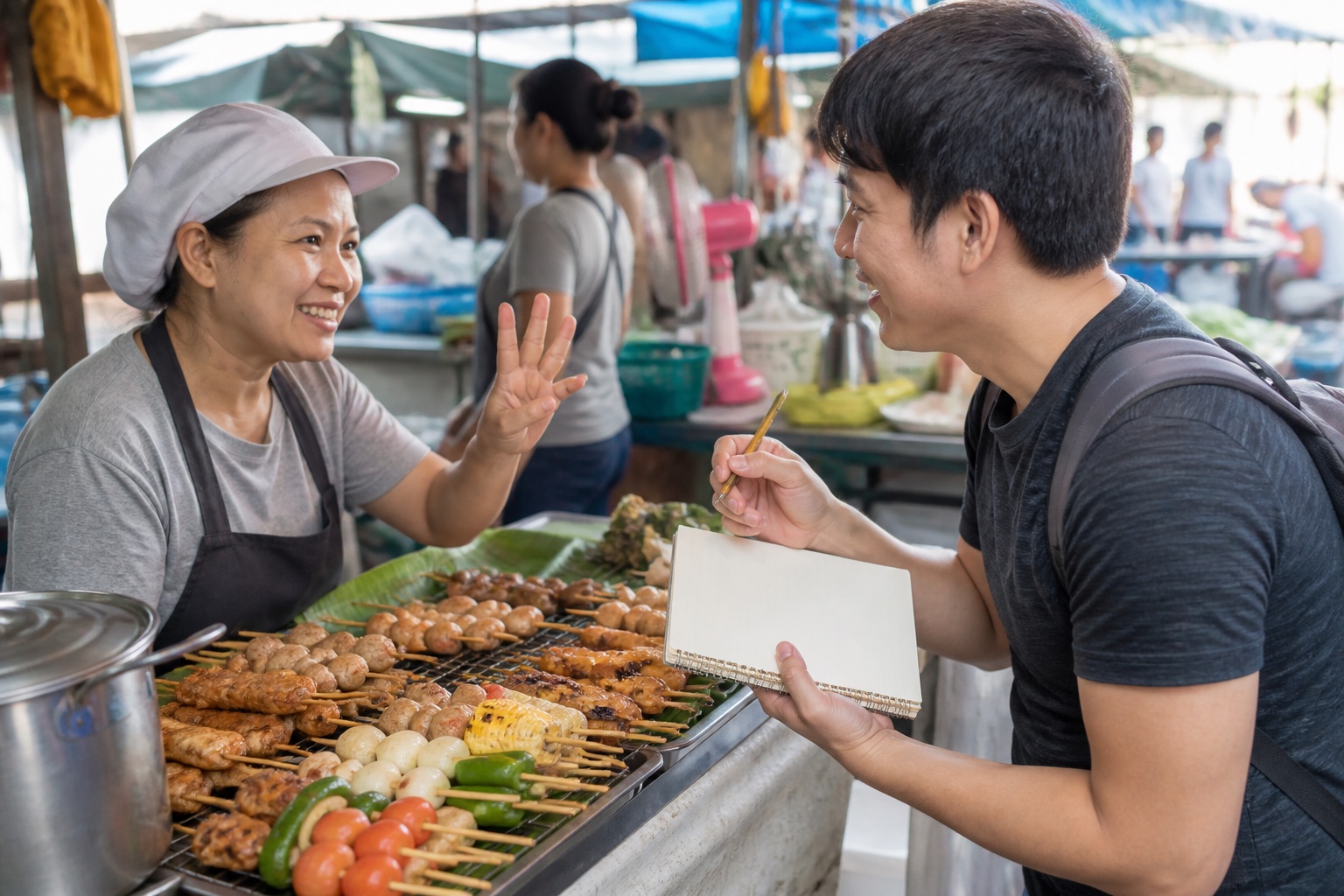 Learner practising Thai numbers with a market vendor