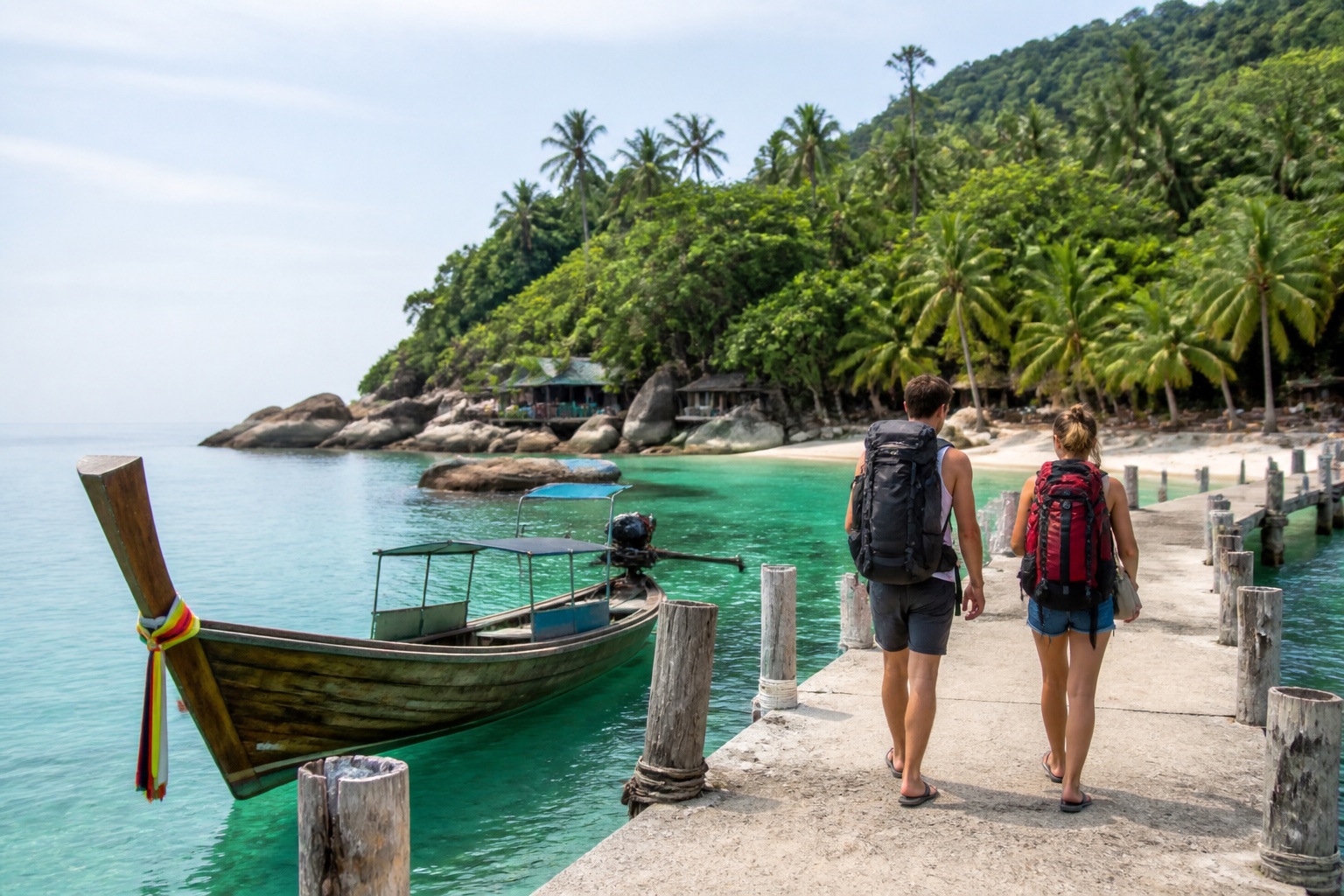 Small island pier with a long-tail boat and tropical vegetation