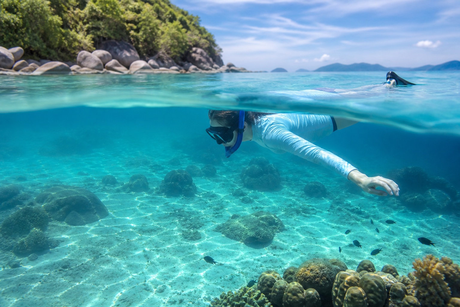 Visitor exploring a Thai coast while keeping a respectful distance from coral