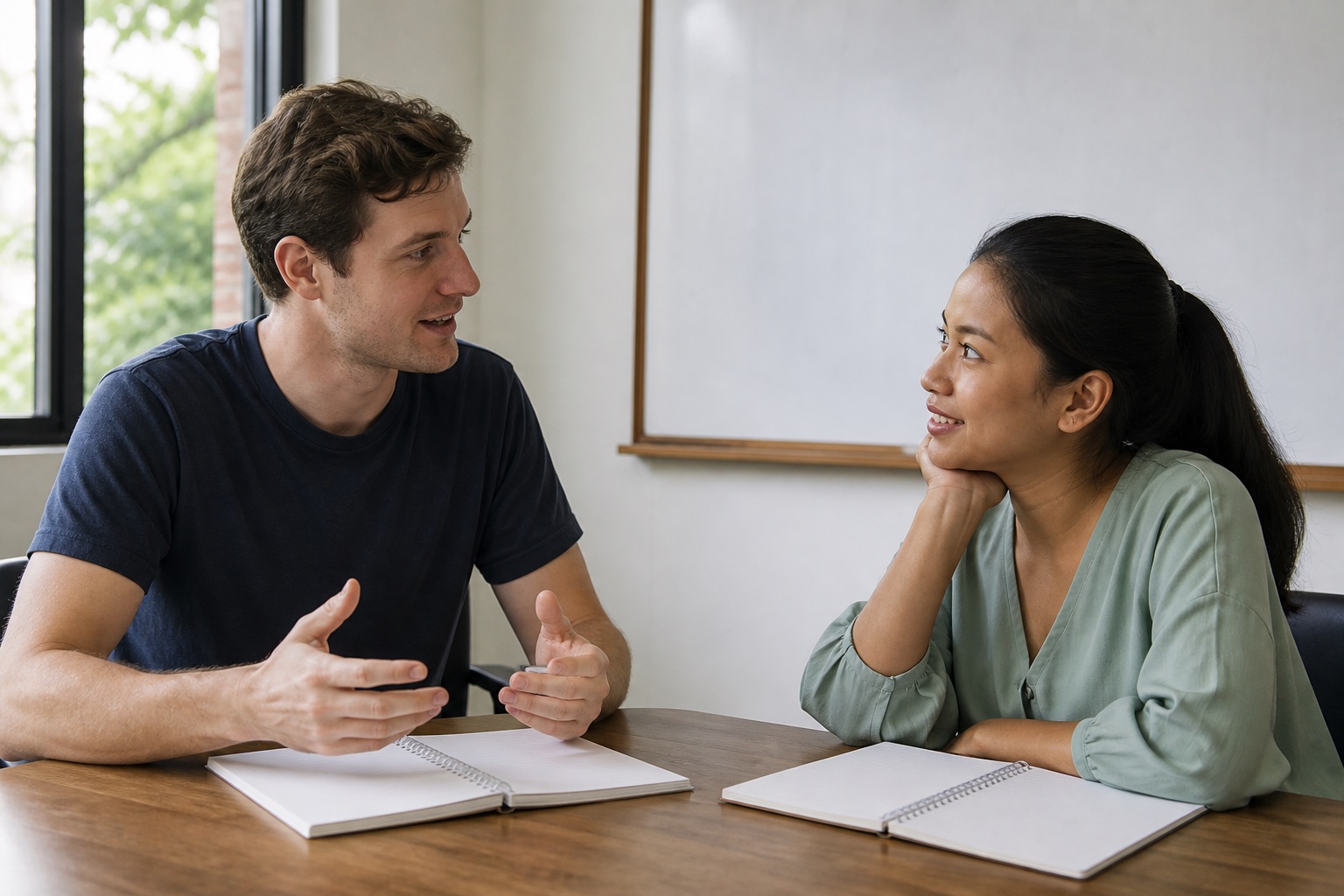 Adult learner practising Thai pronunciation with a teacher