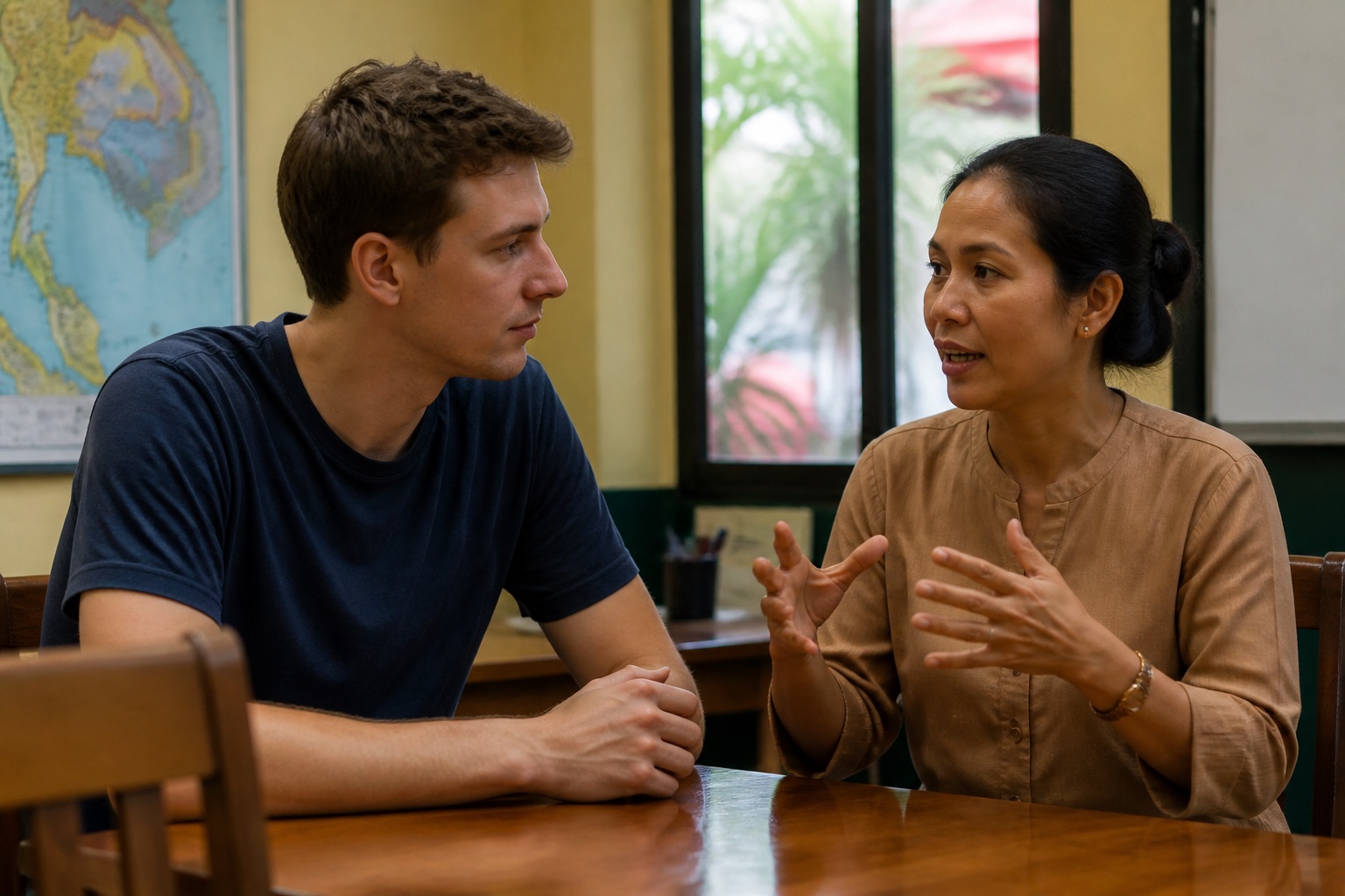 Adult learner practising Thai conversation with a teacher in a Bangkok classroom