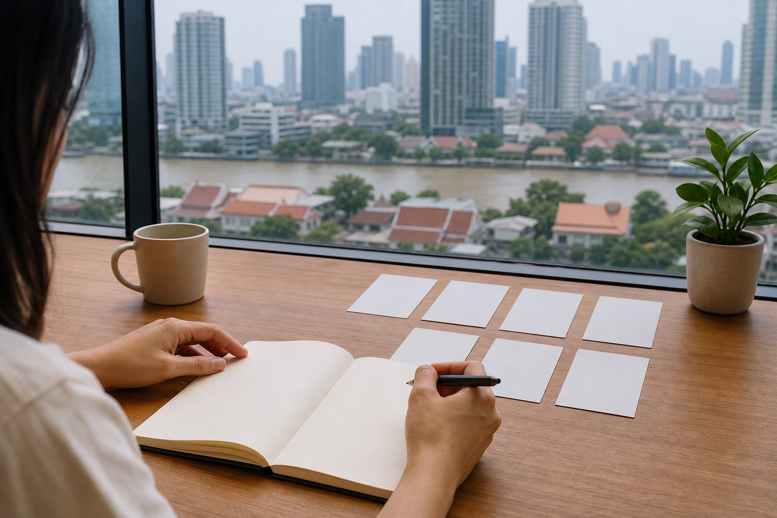 Learner planning dates with blank cards and a notebook overlooking Bangkok