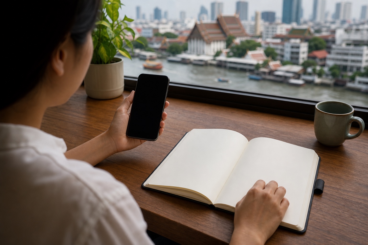 Blank calendar and phone on a Bangkok study desk