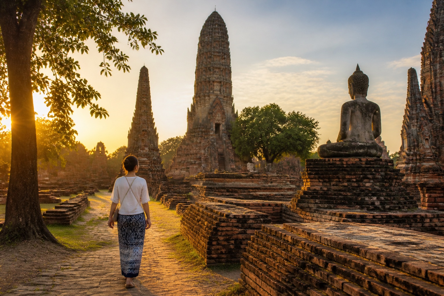 Visitor walking through an Ayutthaya temple ruin at sunrise