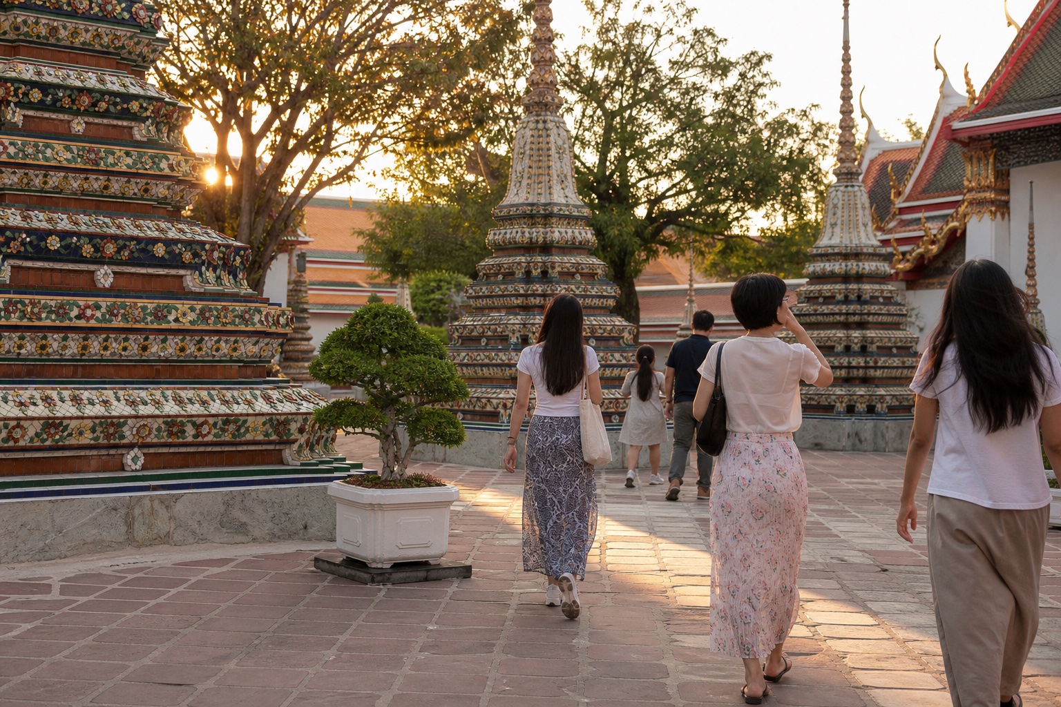 Visitors walking respectfully through a Bangkok temple courtyard