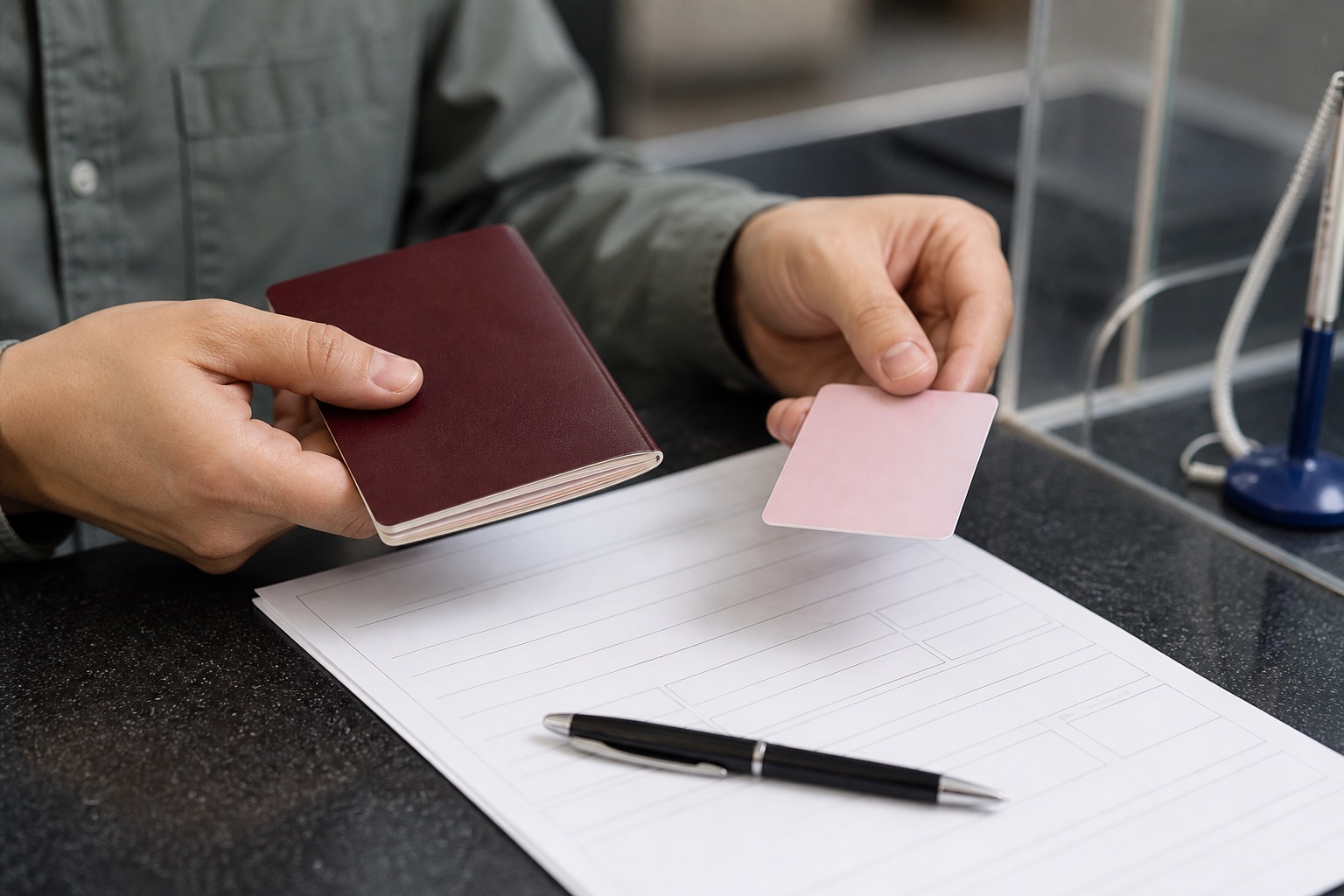 Applicant holding a passport while organizing application documents