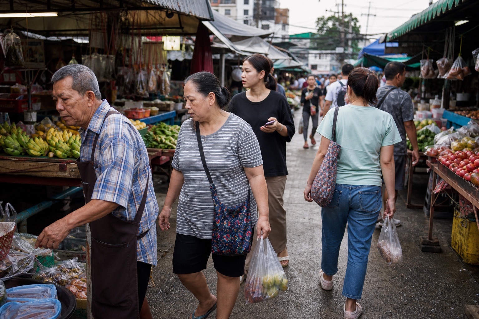 Thai shoppers and vendors at a busy Bangkok community market