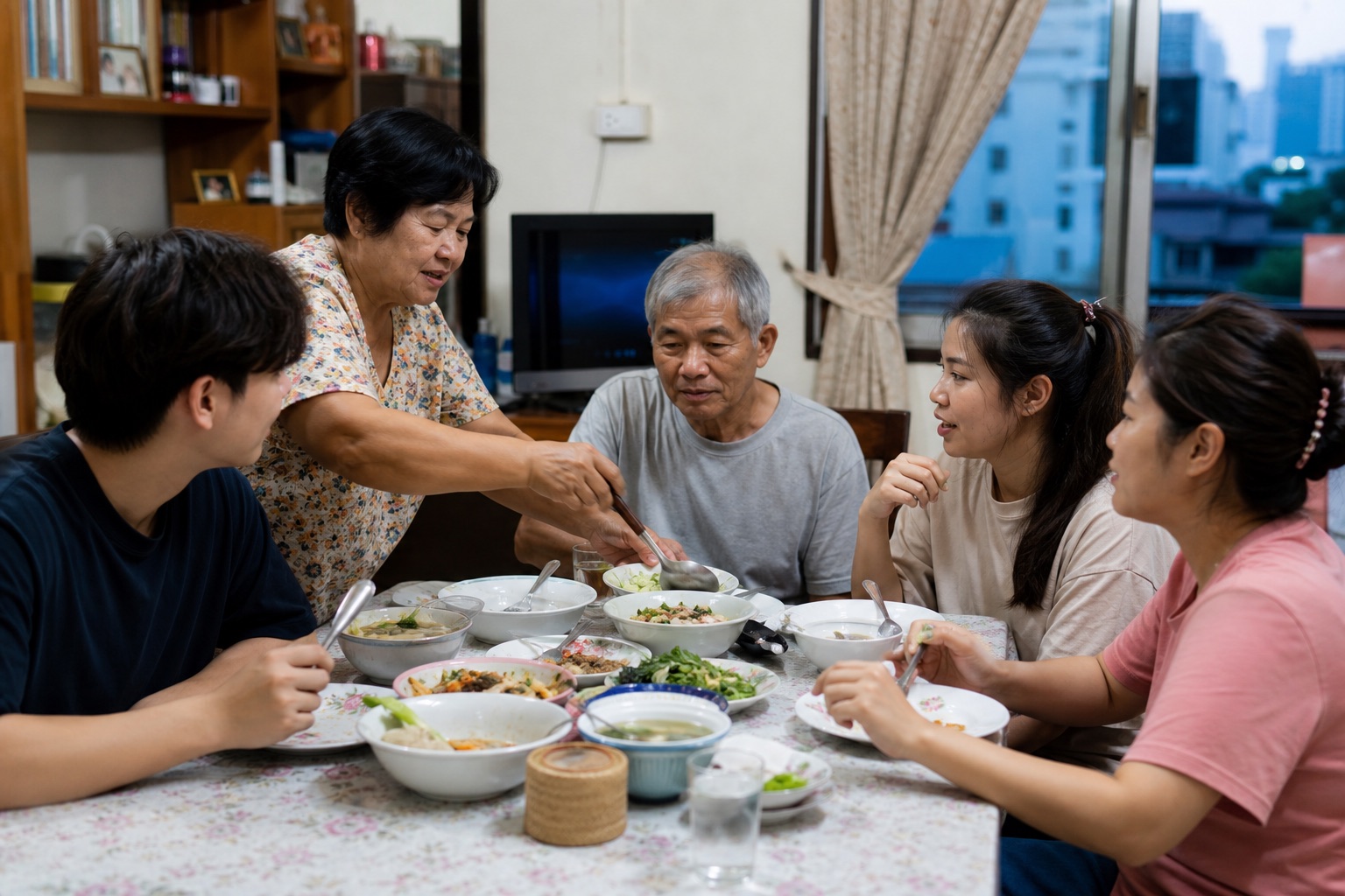 A multigenerational Thai family sharing an everyday meal at home