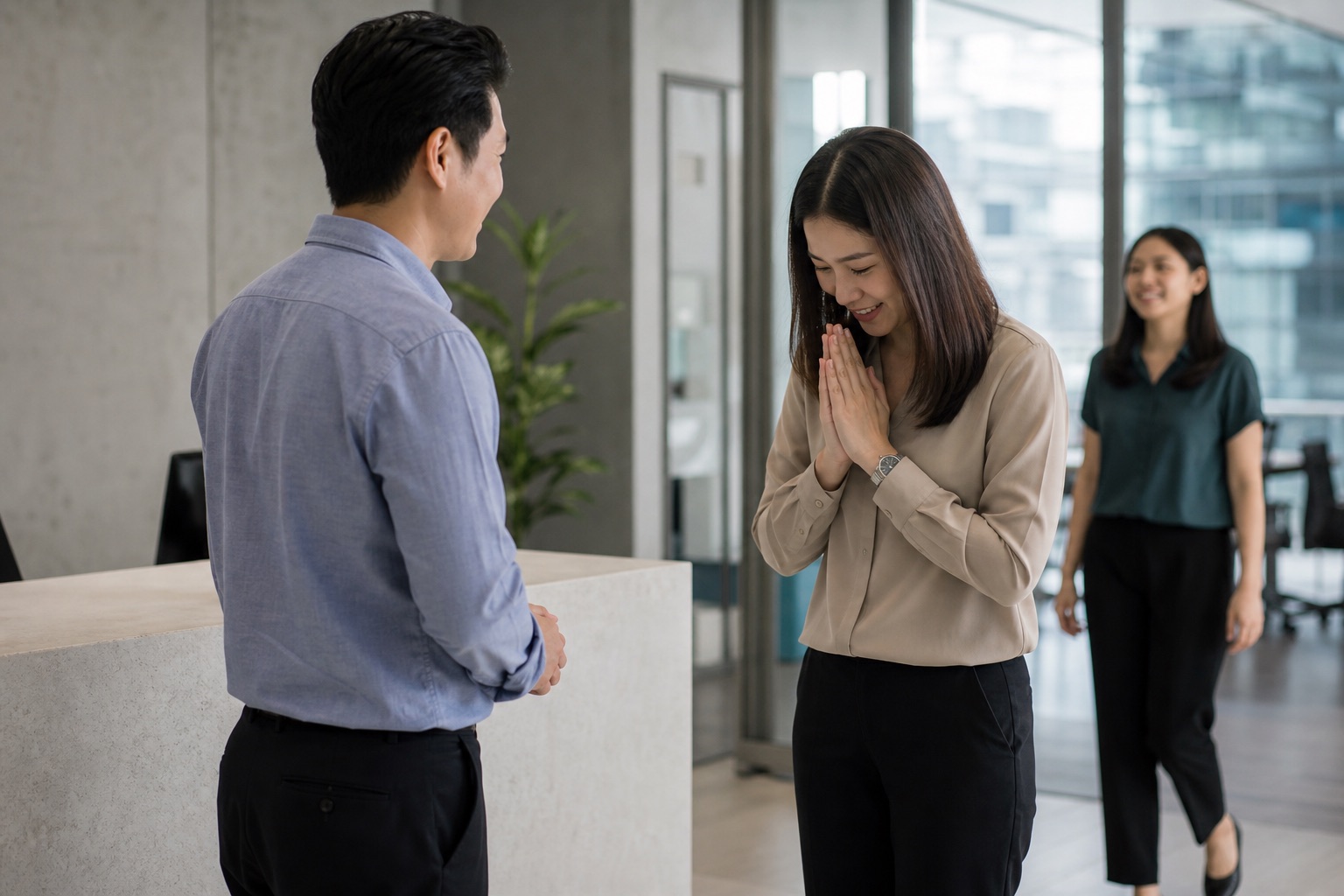 Thai colleagues exchanging a modest wai greeting in a Bangkok office
