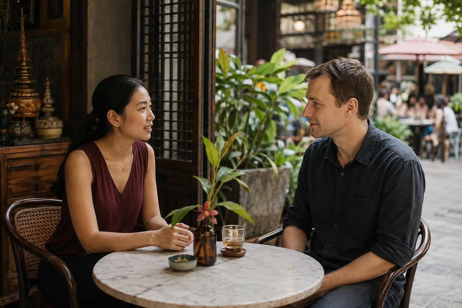 Two adults speaking politely in an everyday Bangkok setting