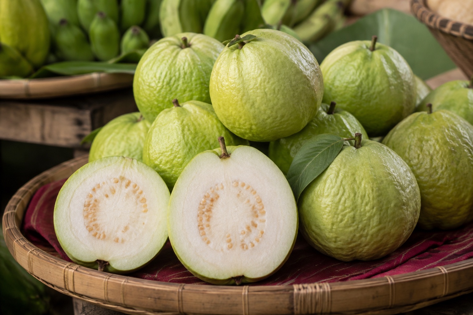 Whole and sliced green guavas displayed at a produce stall